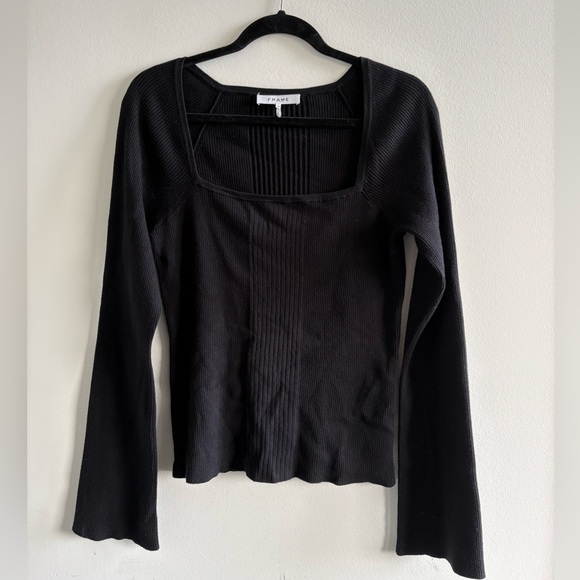 FRAME silk blend square neck bell sleeve black knit top size L - Picture 3 of 6